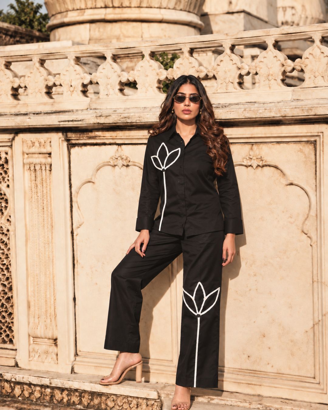 Black Italian Cotton Co-ord Set With Lace detailing